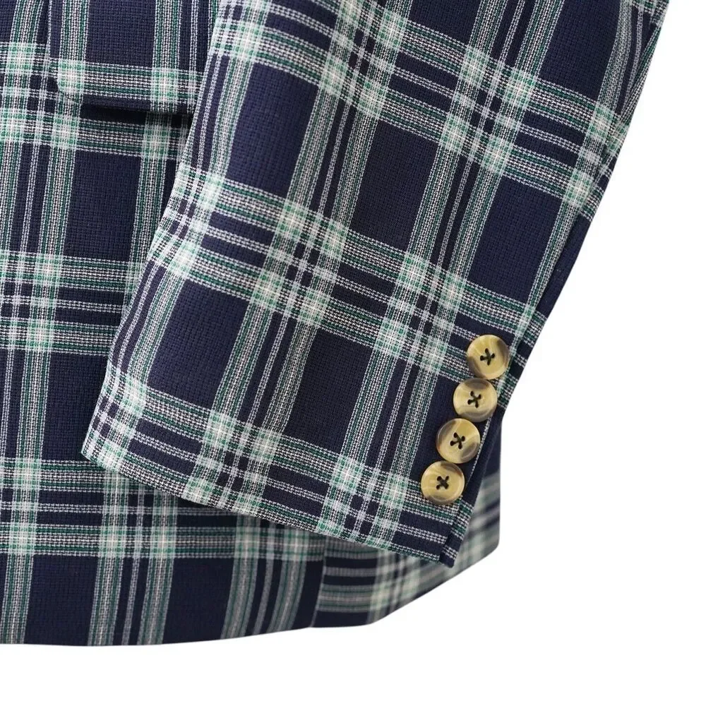 Mens 48R Navy Blue Green Plaid Cotton Blazer 2 Button Sport Coat Wedding Formal